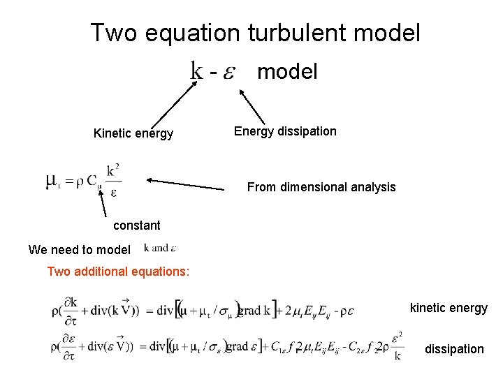Two equation turbulent model Kinetic energy Energy dissipation From dimensional analysis constant We need