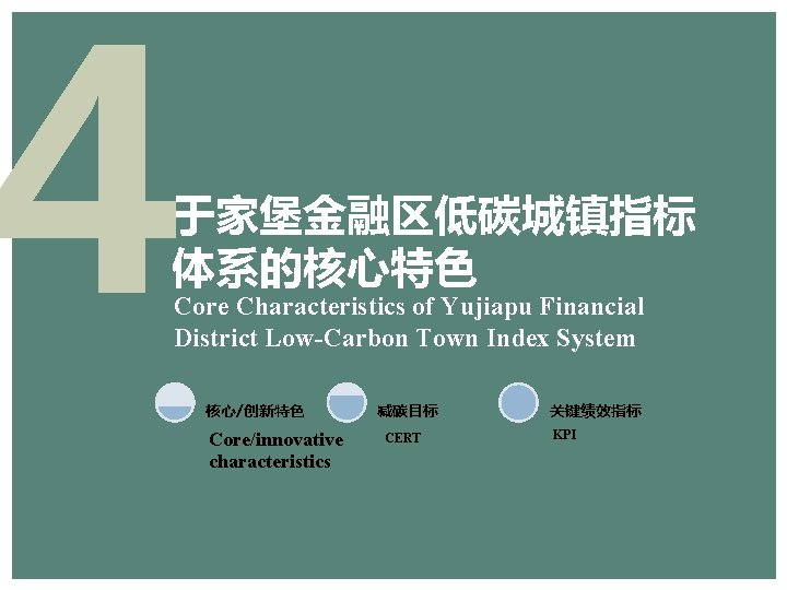 4 于家堡金融区低碳城镇指标 体系的核心特色 Core Characteristics of Yujiapu Financial District Low-Carbon Town Index System 核心/创新特色