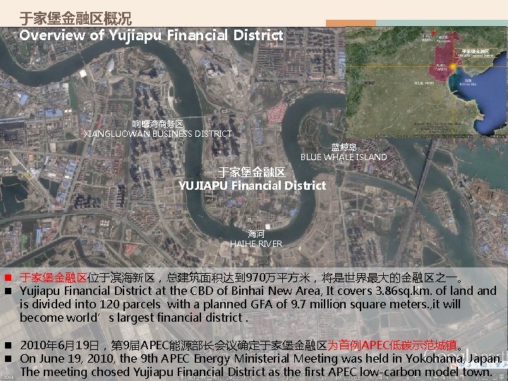 于家堡金融区概况 Overview of Yujiapu Financial District 响螺湾商务区 XIANGLUOWAN BUSINESS DISTRICT 蓝鲸岛 BLUE WHALE ISLAND