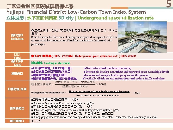 于家堡金融区低碳城镇指标体系 Yujiapu Financial District Low-Carbon Town Index System 5 立体城市 | 地下空间利用率 3 D