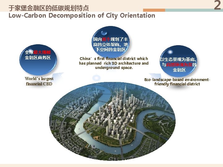 2 于家堡金融区的低碳规划特点 Low-Carbon Decomposition of City Orientation 国内首个规划了丰 富的立体架构、地 全球最大规模的金融商务区 下空间的金融区 全球最大规模 金融区商务区 China’s