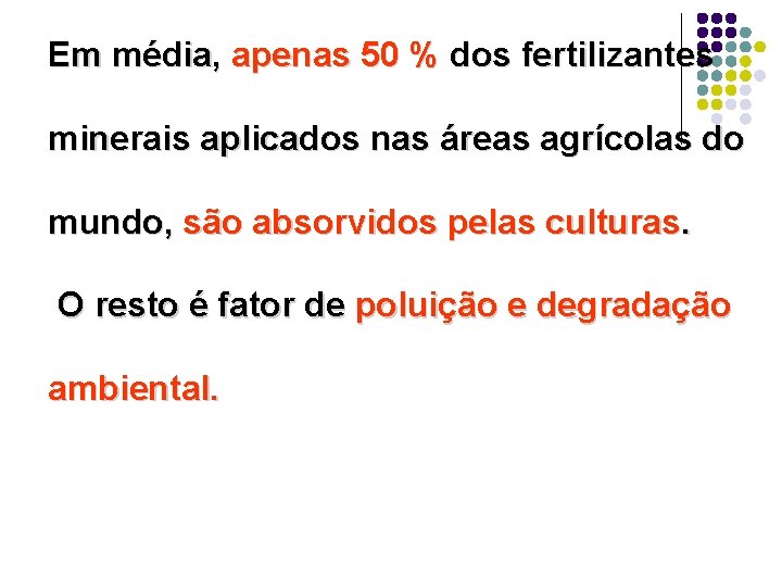 Em média, apenas 50 % dos fertilizantes minerais aplicados nas áreas agrícolas do mundo,