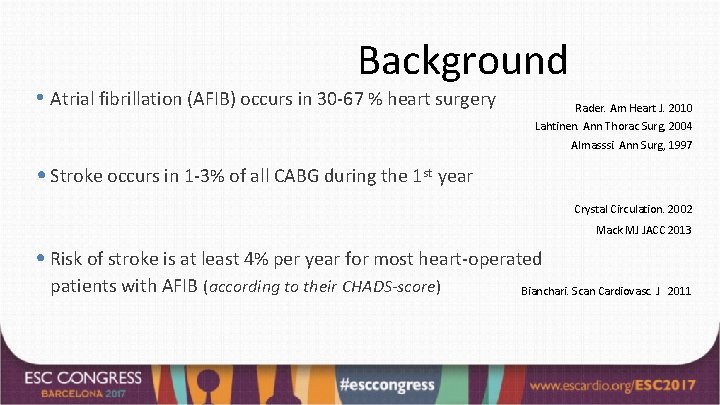 Background • Atrial fibrillation (AFIB) occurs in 30 -67 % heart surgery Rader. Am