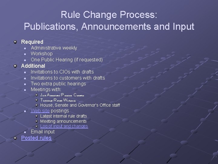 Rule Change Process: Publications, Announcements and Input Required n n n Administrative weekly Workshop