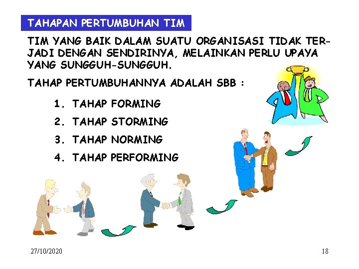 TAHAPAN PERTUMBUHAN TIM YANG BAIK DALAM SUATU ORGANISASI TIDAK TERJADI DENGAN SENDIRINYA, MELAINKAN PERLU