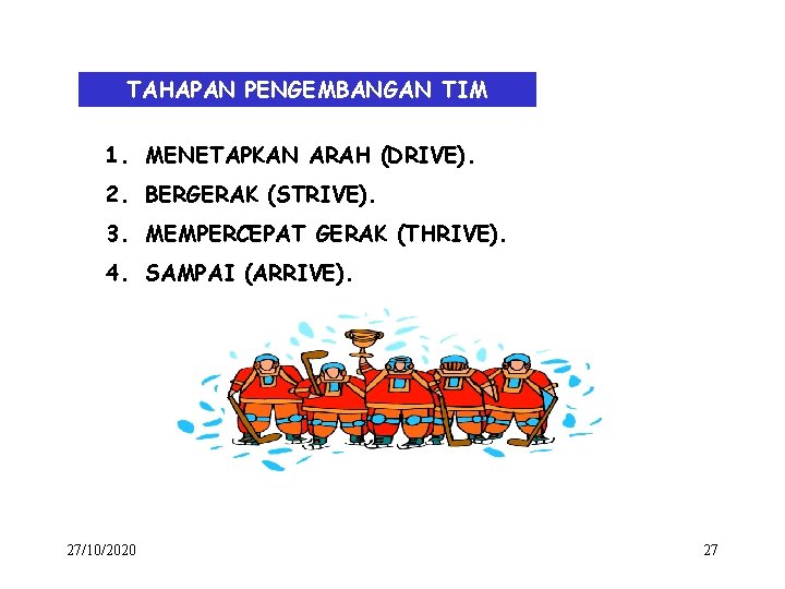 TAHAPAN PENGEMBANGAN TIM 1. MENETAPKAN ARAH (DRIVE). 2. BERGERAK (STRIVE). 3. MEMPERCEPAT GERAK (THRIVE).