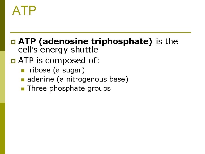 ATP (adenosine triphosphate) is the cell’s energy shuttle p ATP is composed of: p