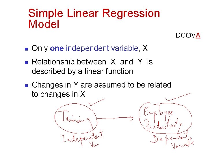 Simple Linear Regression Model DCOVA n n n Only one independent variable, X Relationship