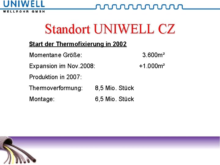 Standort UNIWELL CZ Start der Thermofixierung in 2002 Momentane Größe: 3. 600 m² Expansion