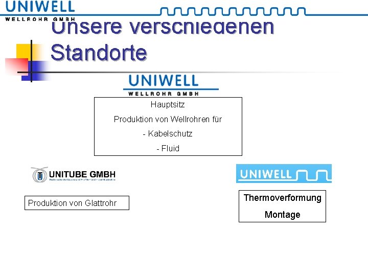 Unsere verschiedenen Standorte Hauptsitz Produktion von Wellrohren für - Kabelschutz - Fluid Produktion von