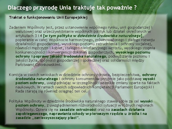 Dlaczego przyrodę Unia traktuje tak poważnie ? Traktat o funkcjonowaniu Unii Europejskiej Zadaniem Wspólnoty