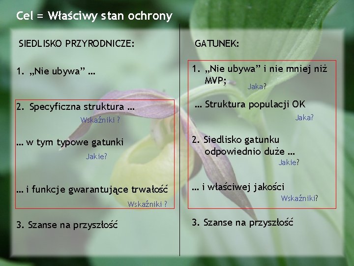 Cel = Właściwy stan ochrony SIEDLISKO PRZYRODNICZE: GATUNEK: 1. „Nie ubywa” … 1. „Nie