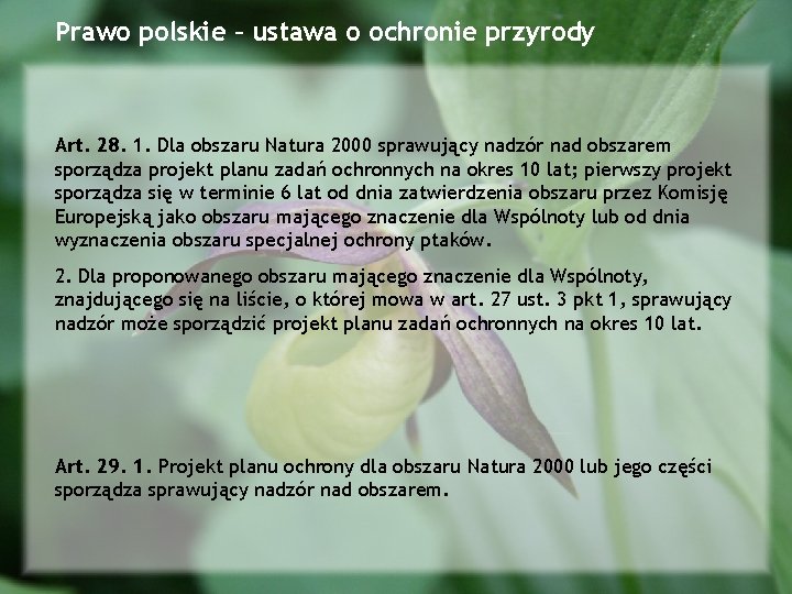 Prawo polskie – ustawa o ochronie przyrody Art. 28. 1. Dla obszaru Natura 2000