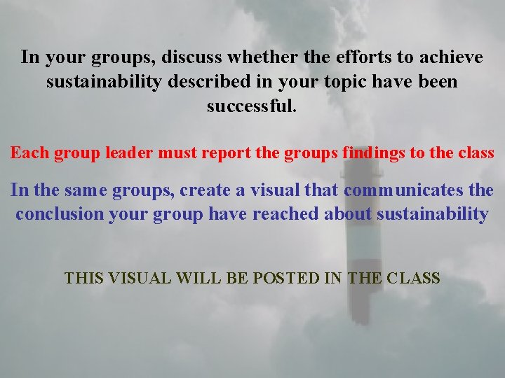 In your groups, discuss whether the efforts to achieve sustainability described in your topic