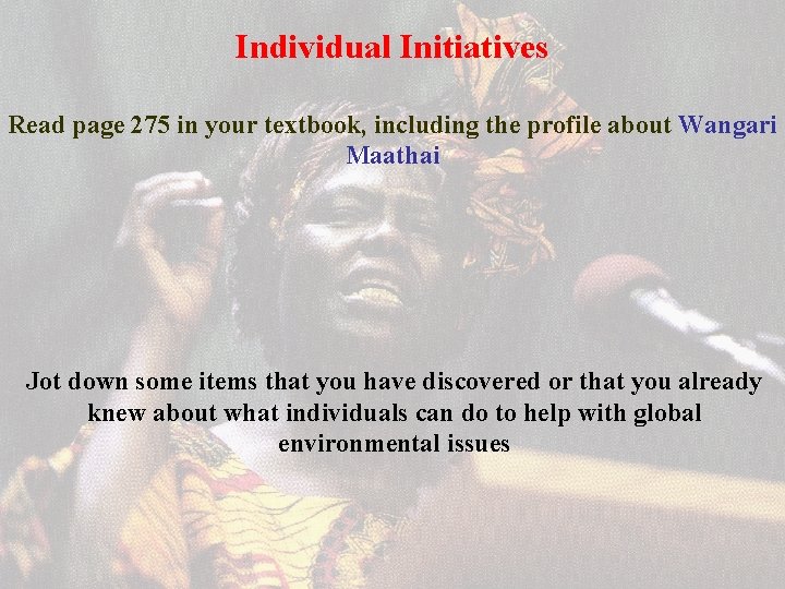 Individual Initiatives Read page 275 in your textbook, including the profile about Wangari Maathai