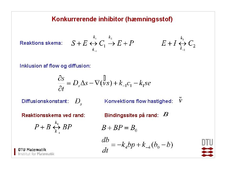 Konkurrerende inhibitor (hæmningsstof) Reaktions skema: Inklusion af flow og diffusion: Diffusionskonstant: Konvektions flow hastighed: