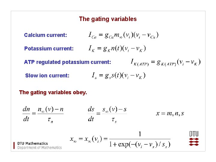 The gating variables Calcium current: Potassium current: ATP regulated potassium current: Slow ion current: