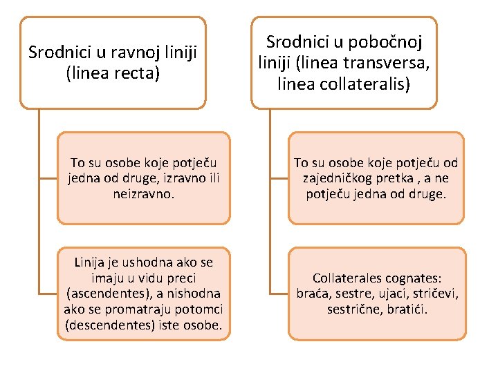 Srodnici u ravnoj liniji (linea recta) Srodnici u pobočnoj liniji (linea transversa, linea collateralis)