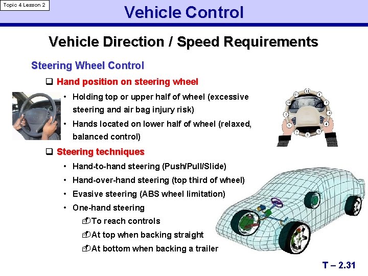 Topic 4 Lesson 2 Vehicle Control Vehicle Direction / Speed Requirements Steering Wheel Control