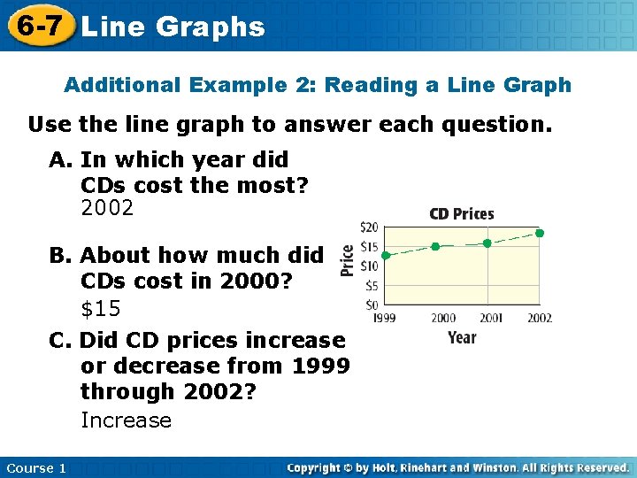 6 -7 Line Graphs Additional Example 2: Reading a Line Graph Use the line