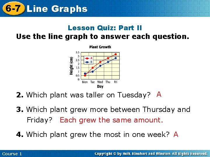 6 -7 Line Graphs Lesson Quiz: Part II Use the line graph to answer