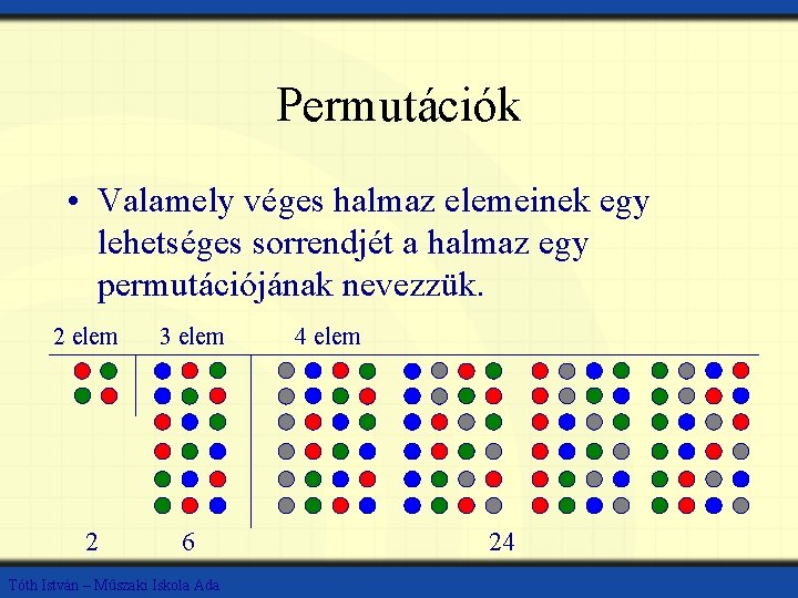 Permutációk • Valamely véges halmaz elemeinek egy lehetséges sorrendjét a halmaz egy permutációjának nevezzük.