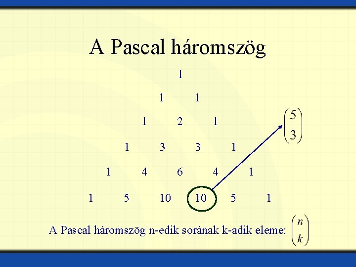 A Pascal háromszög 1 1 1 2 3 4 5 1 1 3 6