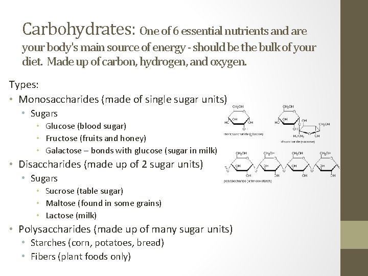 Carbohydrates: One of 6 essential nutrients and are your body's main source of energy