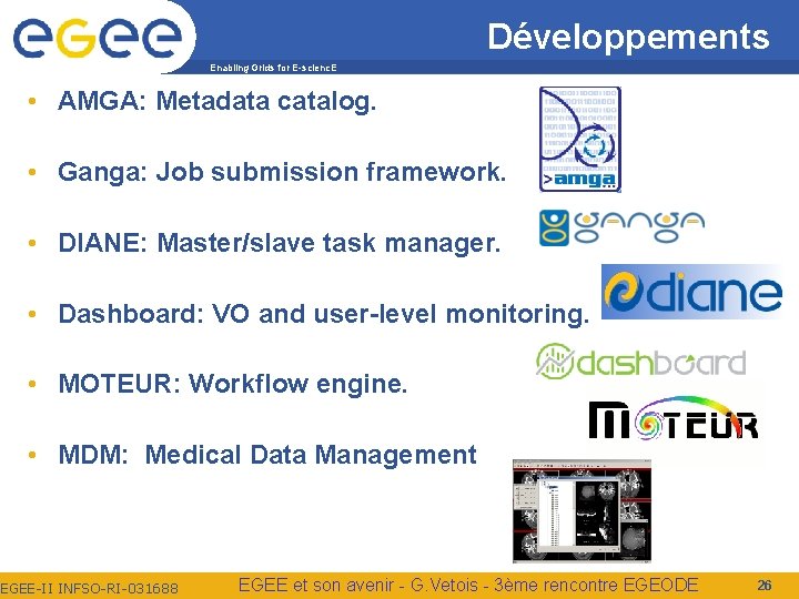 Développements Enabling Grids for E-scienc. E • AMGA: Metadata catalog. • Ganga: Job submission