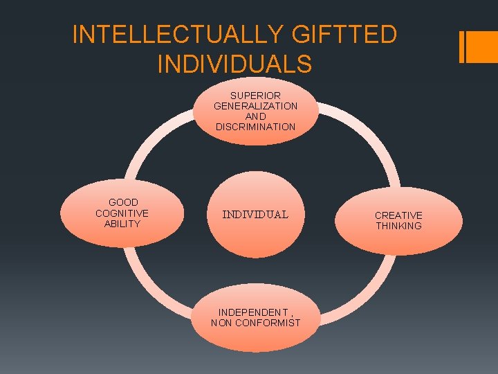 INTELLECTUALLY GIFTTED INDIVIDUALS SUPERIOR GENERALIZATION AND DISCRIMINATION GOOD COGNITIVE ABILITY INDIVIDUAL INDEPENDENT , NON