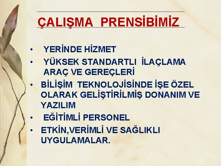 ÇALIŞMA PRENSİBİMİZ • • YERİNDE HİZMET YÜKSEK STANDARTLI İLAÇLAMA ARAÇ VE GEREÇLERİ • BİLİŞİM