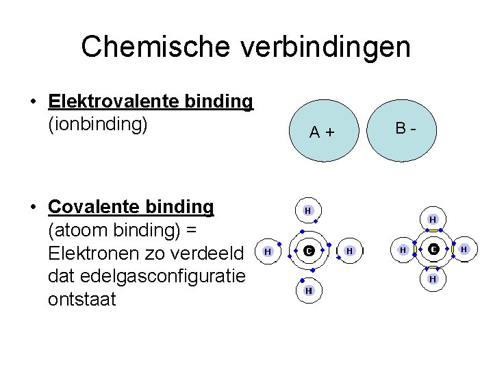 Chemische verbindingen • Elektrovalente binding (ionbinding) • Covalente binding (atoom binding) = Elektronen zo