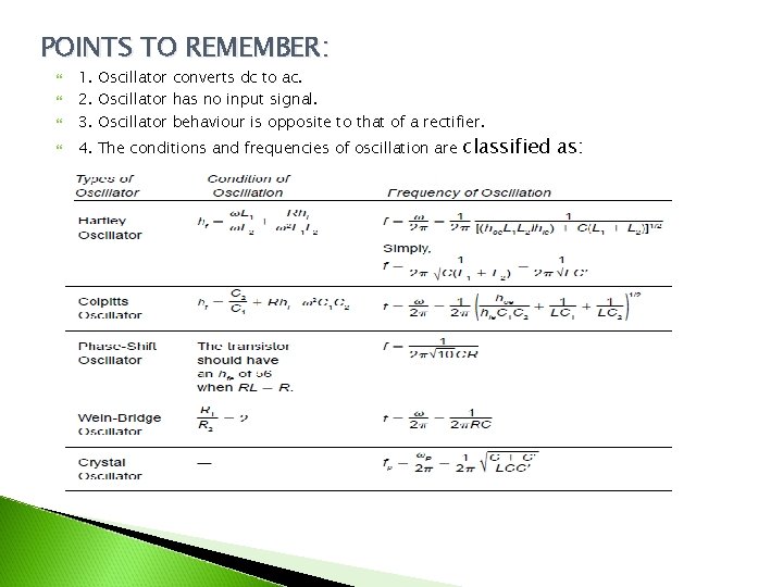 POINTS TO REMEMBER: 1. Oscillator converts dc to ac. 2. Oscillator has no input