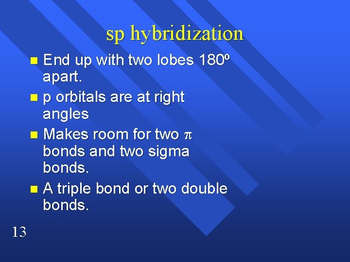 sp hybridization End up with two lobes 180º apart. n p orbitals are at