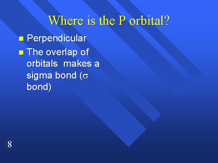 Where is the P orbital? Perpendicular n The overlap of orbitals makes a sigma