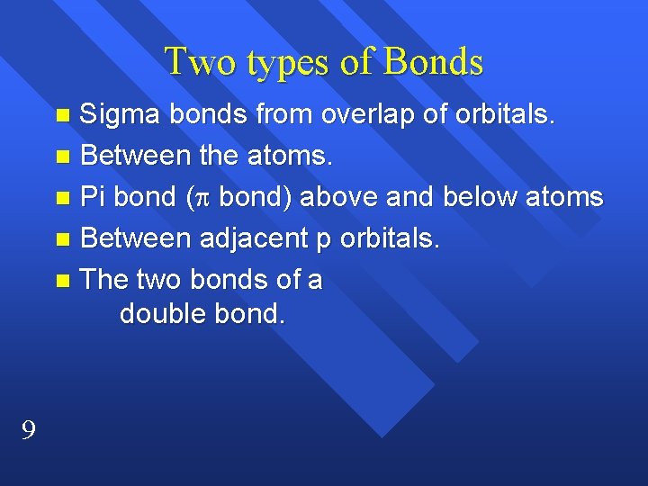 Two types of Bonds Sigma bonds from overlap of orbitals. n Between the atoms.