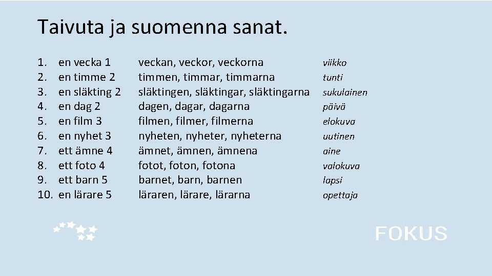 Taivuta ja suomenna sanat. 1. 2. 3. 4. 5. 6. 7. 8. 9. 10.