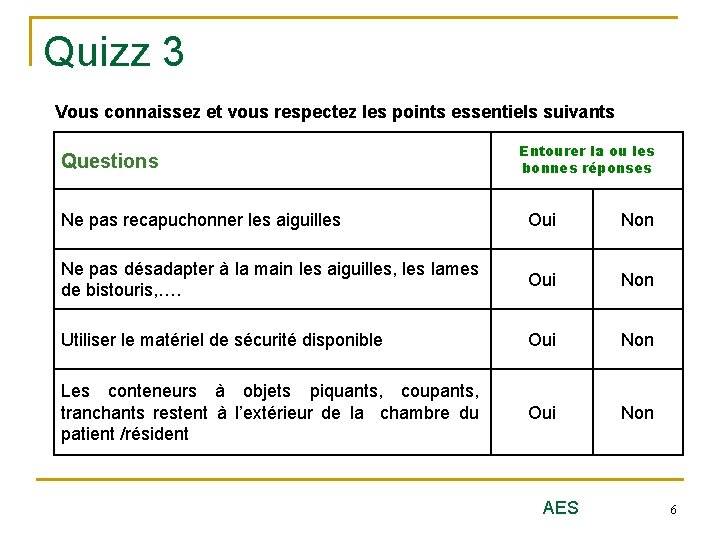 Quizz 3 Vous connaissez et vous respectez les points essentiels suivants Questions Entourer la