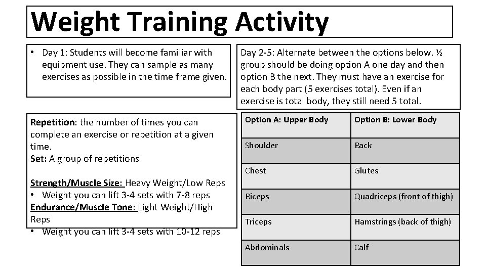Weight Training Activity • Day 1: Students will become familiar with equipment use. They