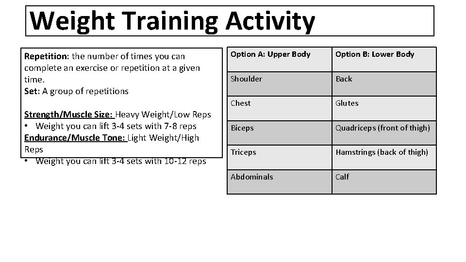 Weight Training Activity Repetition: the number of times you can complete an exercise or