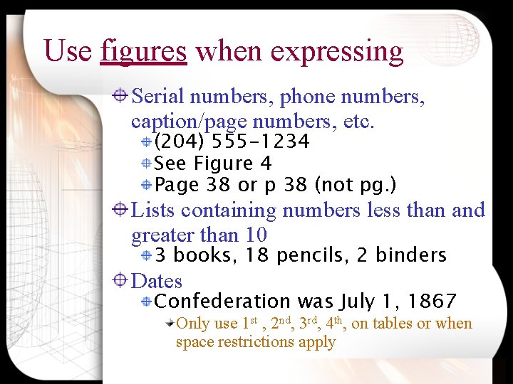 Use figures when expressing Serial numbers, phone numbers, caption/page numbers, etc. (204) 555 -1234