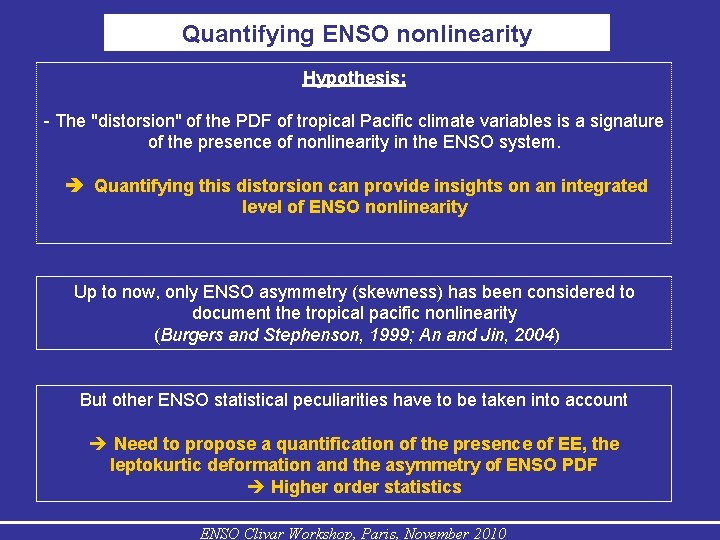 Quantifying ENSO nonlinearity Hypothesis: - The "distorsion" of the PDF of tropical Pacific climate