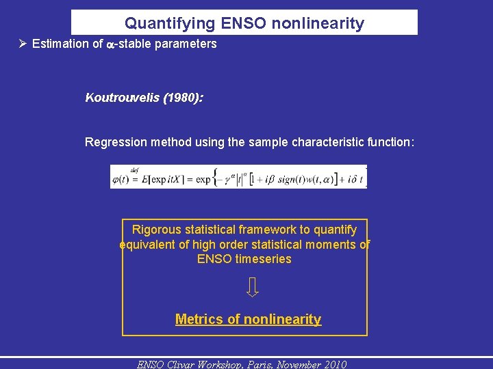 Quantifying ENSO nonlinearity Estimation of -stable parameters Koutrouvelis (1980): Regression method using the sample