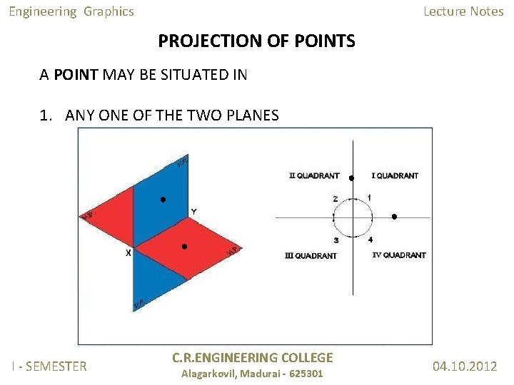 Engineering Graphics Lecture Notes PROJECTION OF POINTS A POINT MAY BE SITUATED IN 1. Engineering Graphics Lecture Notes PROJECTION OF POINTS A POINT MAY BE SITUATED IN 1.