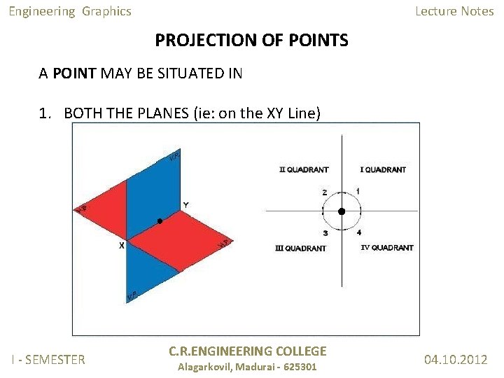Engineering Graphics Lecture Notes PROJECTION OF POINTS A POINT MAY BE SITUATED IN 1. Engineering Graphics Lecture Notes PROJECTION OF POINTS A POINT MAY BE SITUATED IN 1.