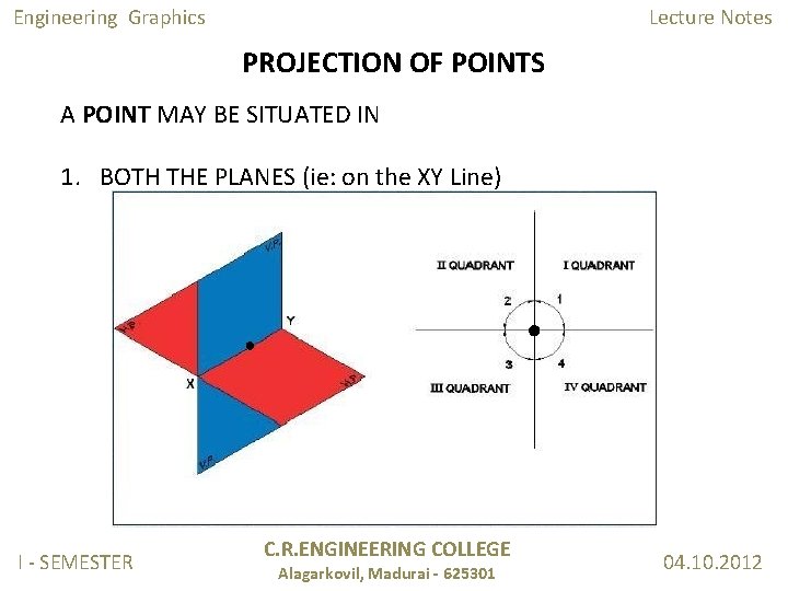 Engineering Graphics Lecture Notes PROJECTION OF POINTS A POINT MAY BE SITUATED IN 1.