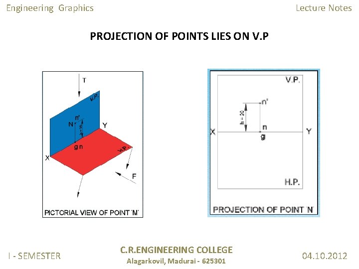 Engineering Graphics Lecture Notes PROJECTION OF POINTS LIES ON V. P I - SEMESTER Engineering Graphics Lecture Notes PROJECTION OF POINTS LIES ON V. P I - SEMESTER