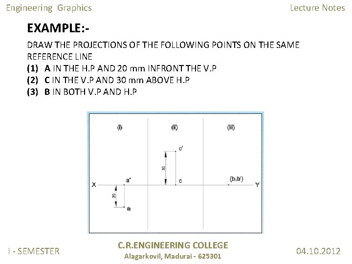 Engineering Graphics Lecture Notes EXAMPLE: DRAW THE PROJECTIONS OF THE FOLLOWING POINTS ON THE Engineering Graphics Lecture Notes EXAMPLE: DRAW THE PROJECTIONS OF THE FOLLOWING POINTS ON THE