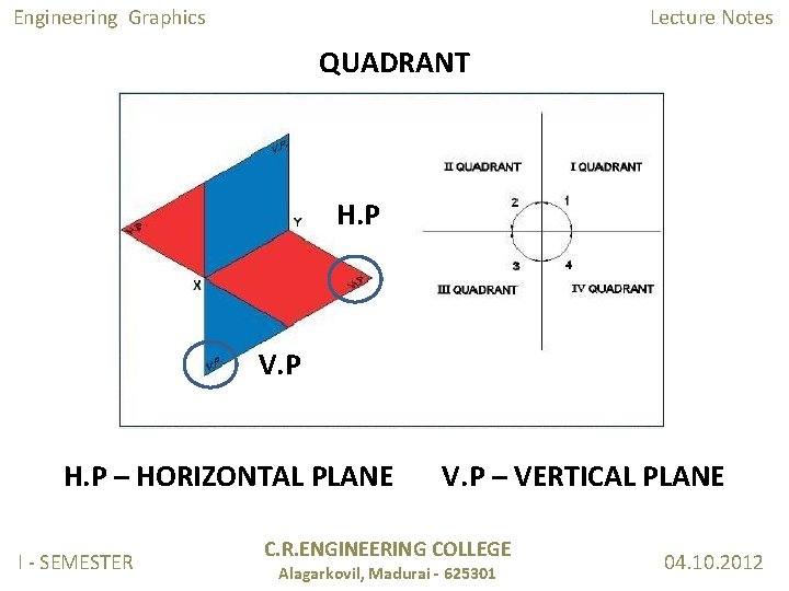 Engineering Graphics Lecture Notes QUADRANT H. P V. P H. P – HORIZONTAL PLANE Engineering Graphics Lecture Notes QUADRANT H. P V. P H. P – HORIZONTAL PLANE