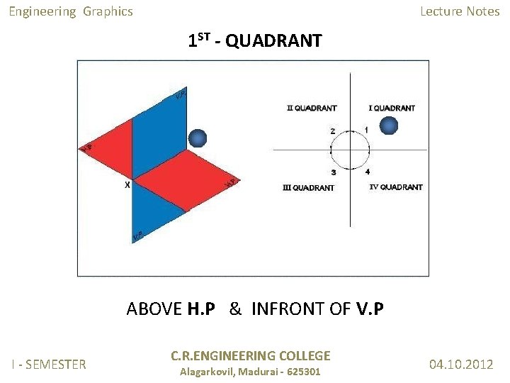 Engineering Graphics Lecture Notes 1 ST - QUADRANT ABOVE H. P & INFRONT OF Engineering Graphics Lecture Notes 1 ST - QUADRANT ABOVE H. P & INFRONT OF